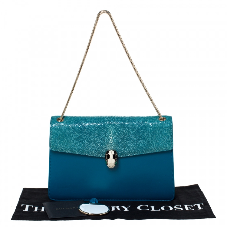 Pre Owned Bvlgari Teal Stingray and Leather Medium Serpenti Forever Shoulder Bag