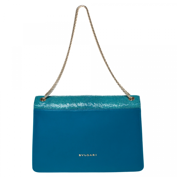 Pre Owned Bvlgari Teal Stingray and Leather Medium Serpenti Forever Shoulder Bag