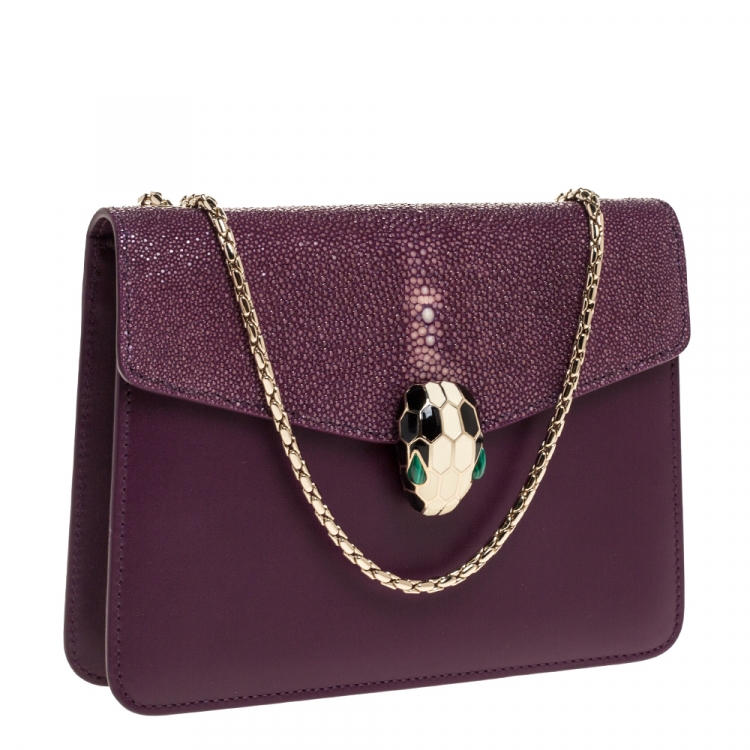 Pre Owned Bvlgari Purple Leather and Stingray Serpenti Forever Shoulder Bag