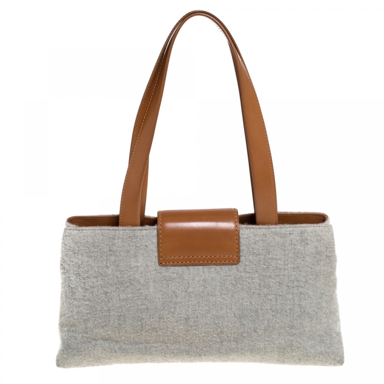 Pre Owned Bvlgari Grey/Tan Wool and Leather Shoulder Bag