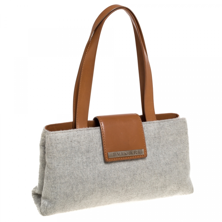 Pre Owned Bvlgari Grey/Tan Wool and Leather Shoulder Bag