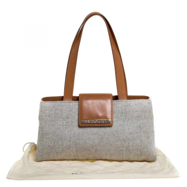 Pre Owned Bvlgari Grey/Tan Wool and Leather Shoulder Bag