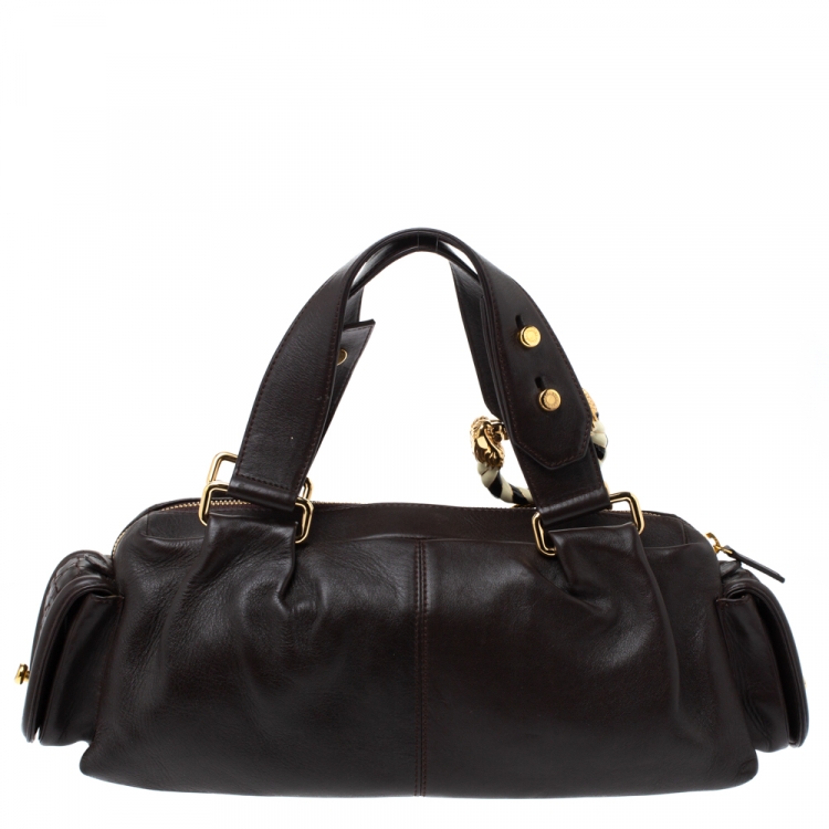 Pre Owned Bvlgari Dark Brown Leather Leoni Zip Satchel