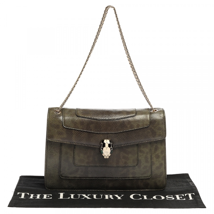 Pre Owned Bvlgari Green Lizard Medium Serpenti Forever Shoulder Bag 