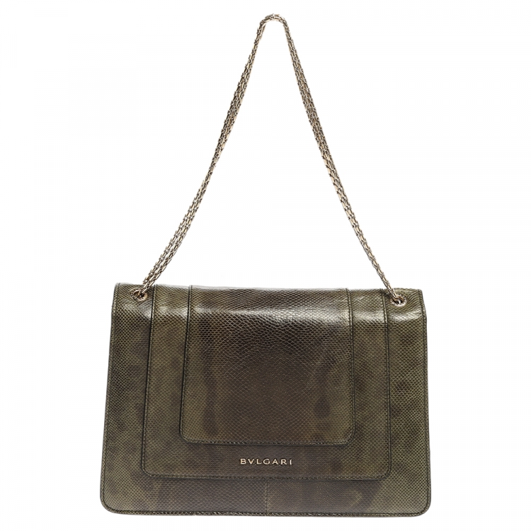 Pre Owned Bvlgari Green Lizard Medium Serpenti Forever Shoulder Bag 