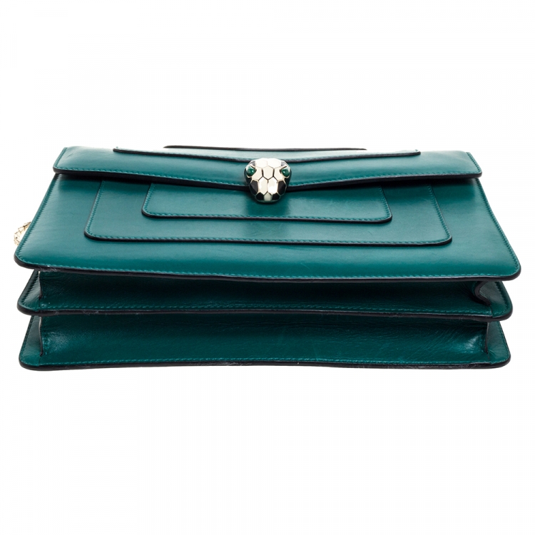 Pre Owned Bvlgari Green Leather Medium Serpenti Forever Flap Shoulder Bag
