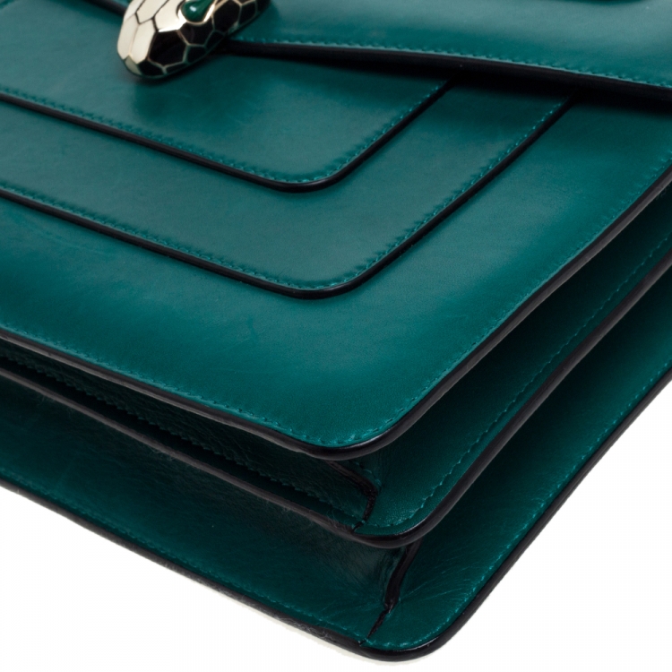 Pre Owned Bvlgari Green Leather Medium Serpenti Forever Flap Shoulder Bag