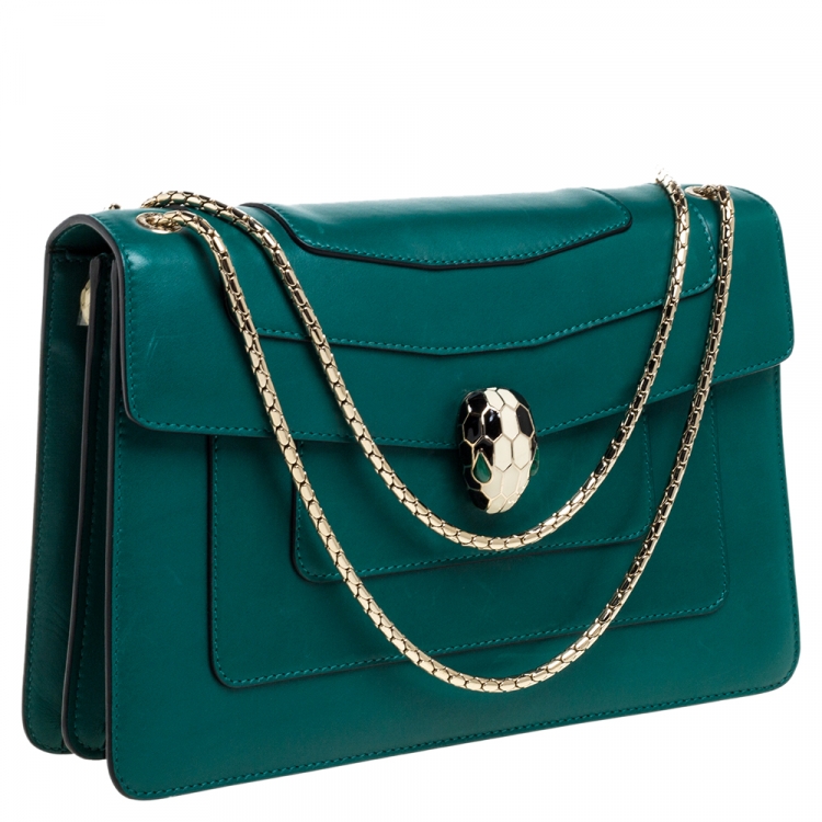 Pre Owned Bvlgari Green Leather Medium Serpenti Forever Flap Shoulder Bag