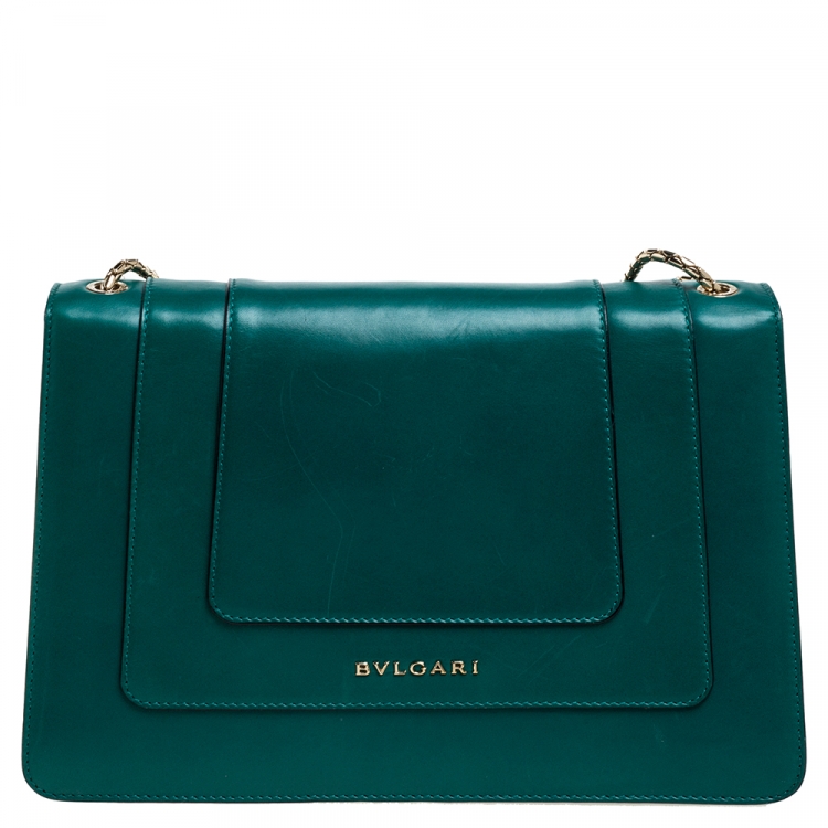 Pre Owned Bvlgari Green Leather Medium Serpenti Forever Flap Shoulder Bag