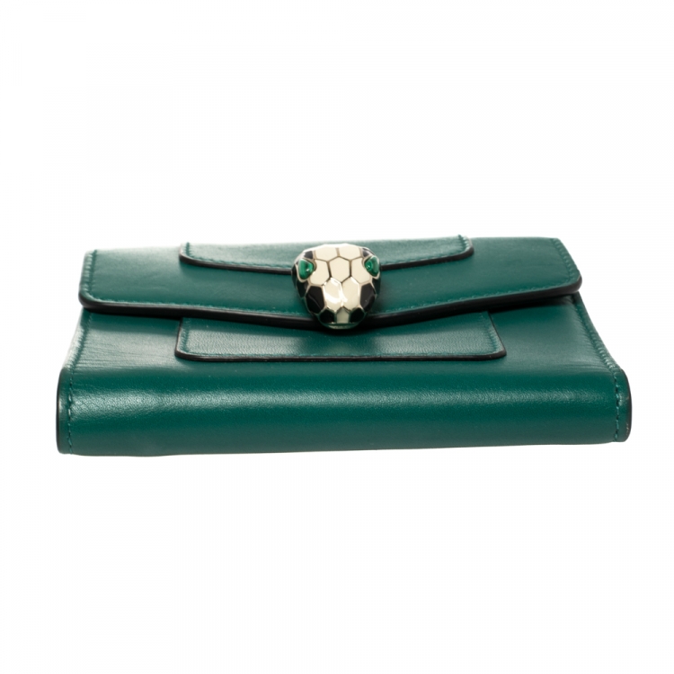 Pre Owned Bvlgari Green Leather Serpenti Forever Trifold Wallet