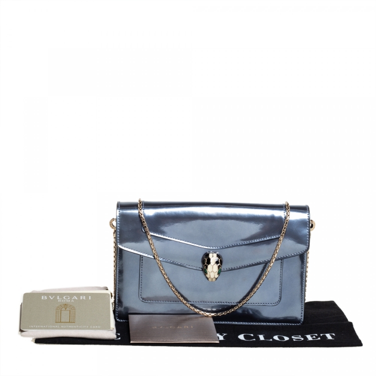 Pre Owned Bvlgari Metallic Grey Patent Leather Serpenti Forever Wallet on Chain