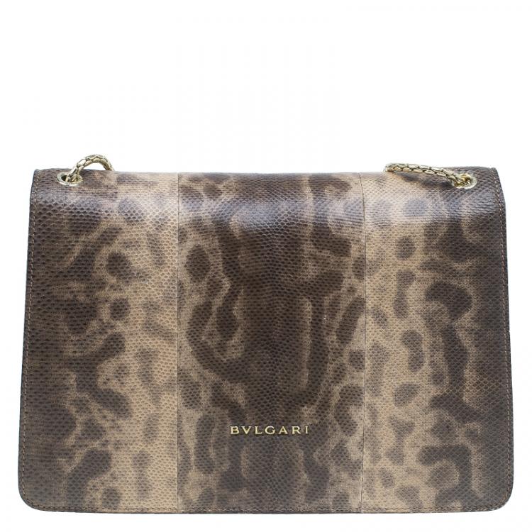 Pre Owned Bvlgari Brown/Beige Python Medium Serpenti Flap Shoulder Bag