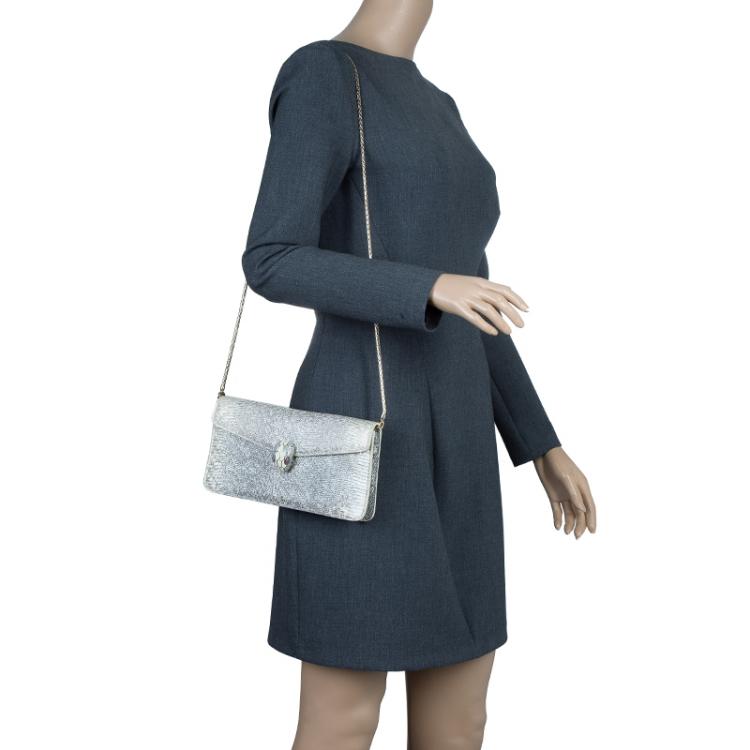 Pre Owned Bvlgari Metallic Grey Lizard Serpenti Flap Clutch