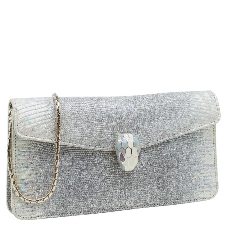 Pre Owned Bvlgari Metallic Grey Lizard Serpenti Flap Clutch