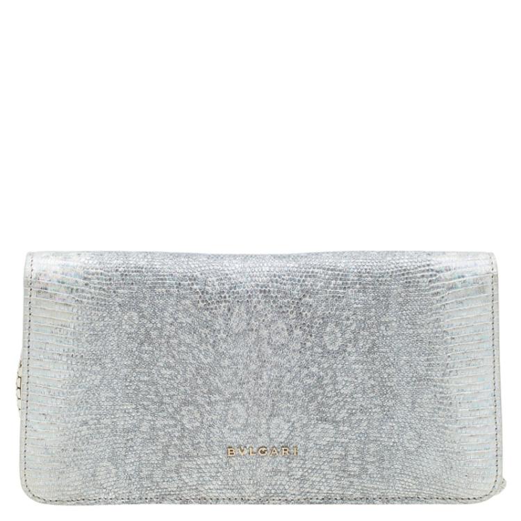 Pre Owned Bvlgari Metallic Grey Lizard Serpenti Flap Clutch
