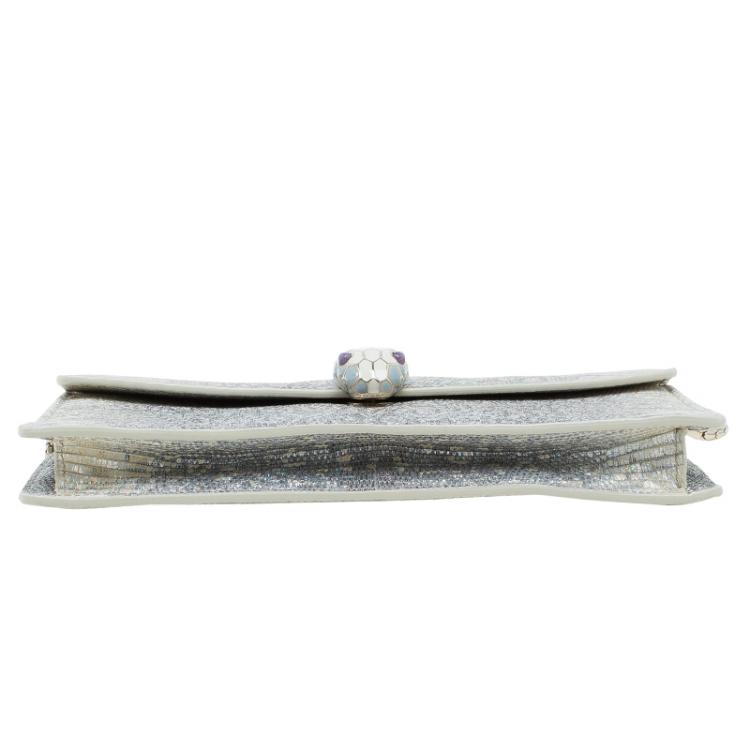 Pre Owned Bvlgari Metallic Grey Lizard Serpenti Flap Clutch