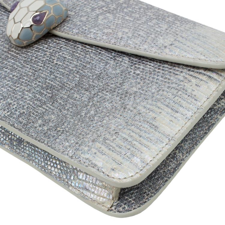 Pre Owned Bvlgari Metallic Grey Lizard Serpenti Flap Clutch