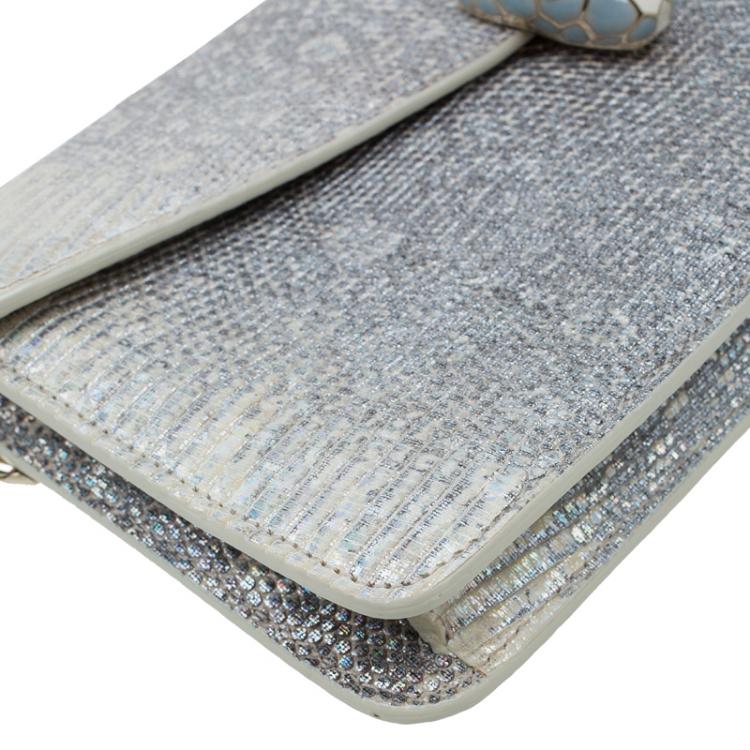 Pre Owned Bvlgari Metallic Grey Lizard Serpenti Flap Clutch