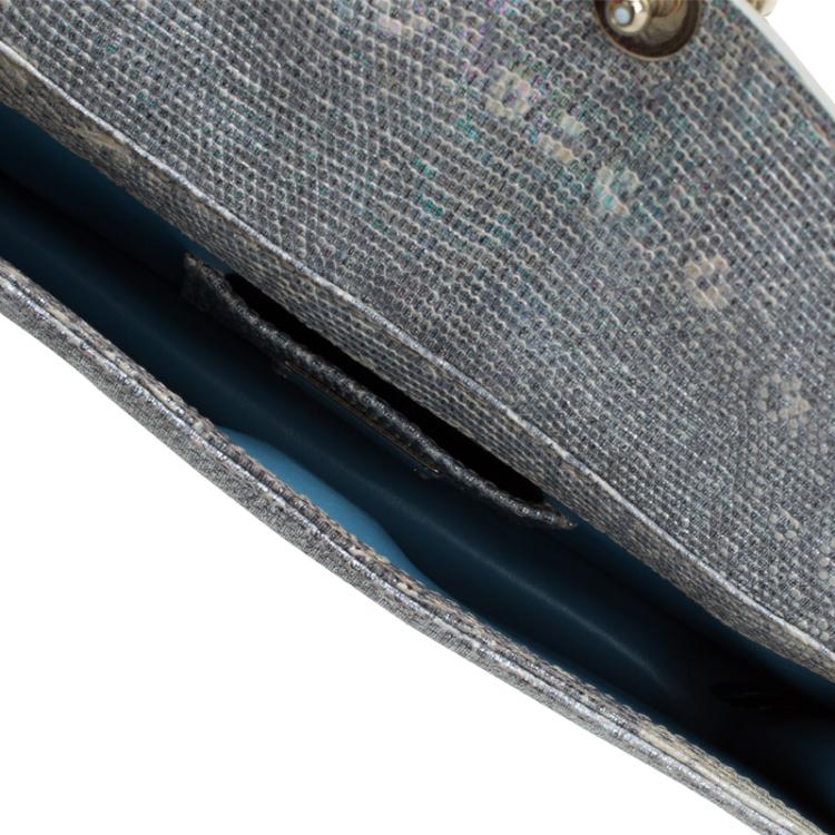 Pre Owned Bvlgari Metallic Grey Lizard Serpenti Flap Clutch
