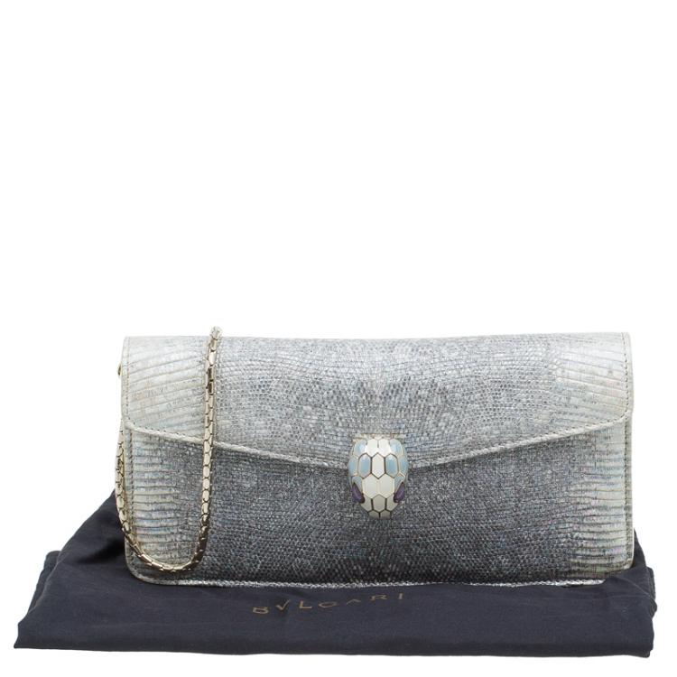 Pre Owned Bvlgari Metallic Grey Lizard Serpenti Flap Clutch