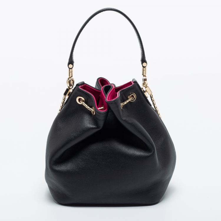 Pre Owned Bvlgari Black Leather Serpenti Forever Drawstring Bucket Bag