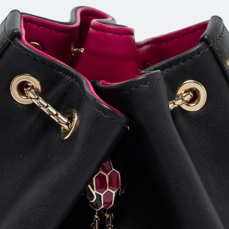 Pre Owned Bvlgari Black Leather Serpenti Forever Drawstring Bucket Bag