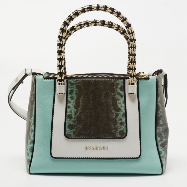 Pre Owned Bvlgari Blue/White Karung Leather Serpenti Tote