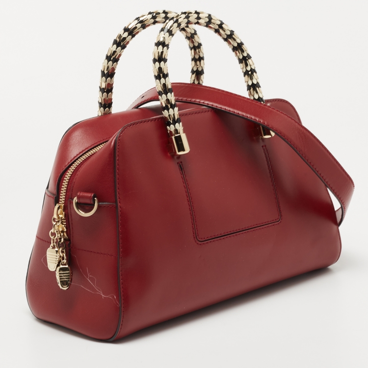 Pre Owned Bvlgari Red Leather Serpenti Scaglie Boston Bag