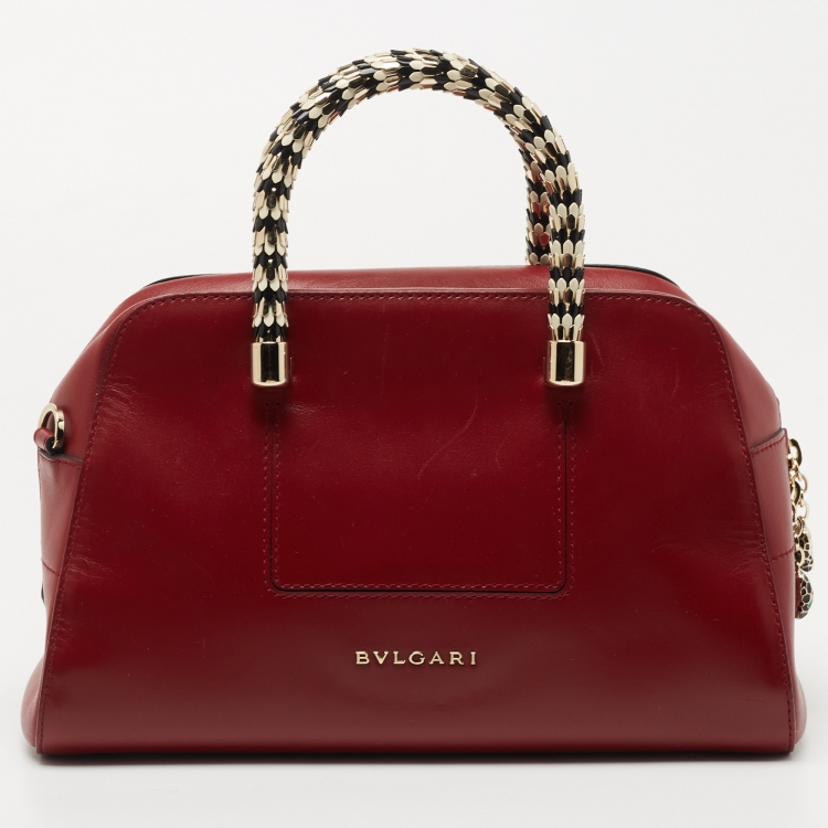 Pre Owned Bvlgari Red Leather Serpenti Scaglie Boston Bag