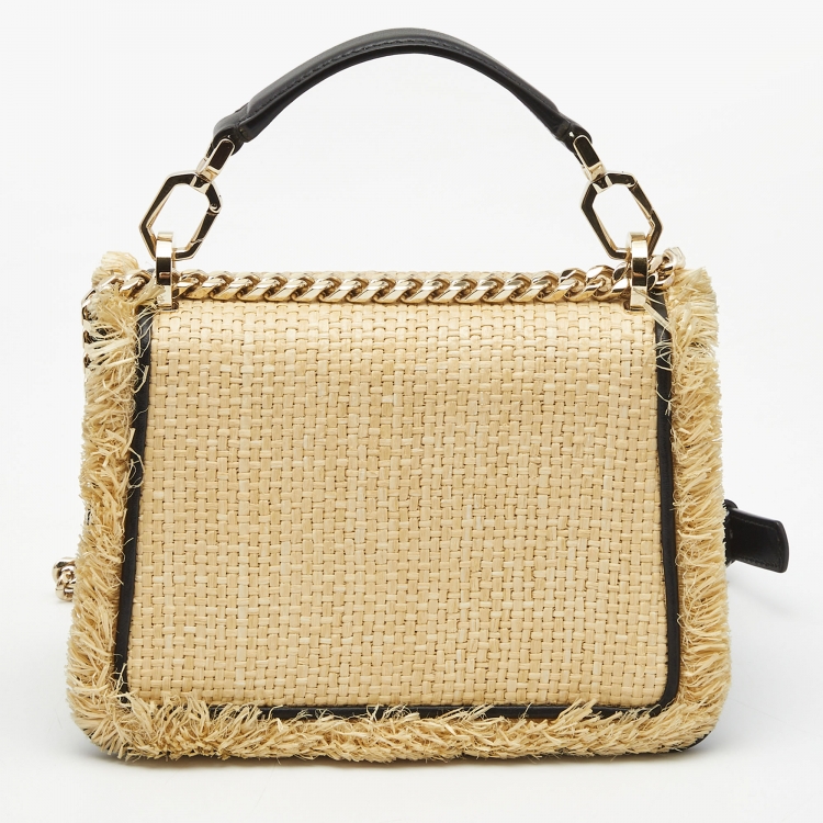 Pre Owned Bvlgari Cream/Black Raffia and Leather Serpenti Forever Top Handle Bag