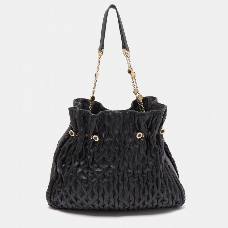 Pre Owned Bvlgari Black Leather Pleated Twit Tote
