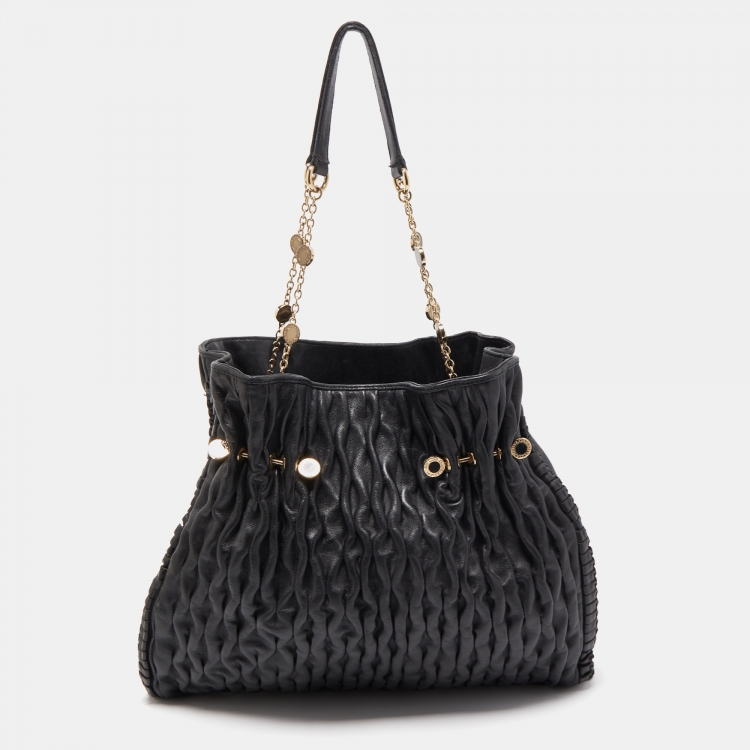 Pre Owned Bvlgari Black Leather Pleated Twit Tote