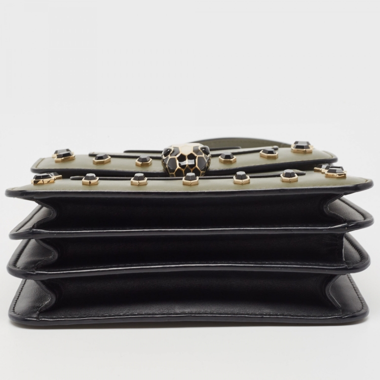 Pre Owned Bvlgari Fatigue Green Leather Small Crystal Embellished Serpenti Forever Top Handle Bag