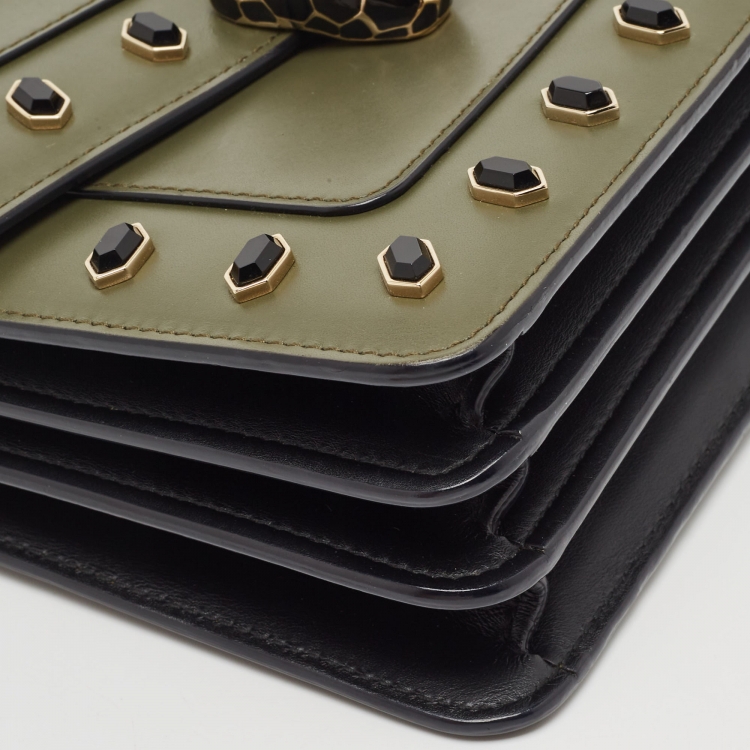 Pre Owned Bvlgari Fatigue Green Leather Small Crystal Embellished Serpenti Forever Top Handle Bag