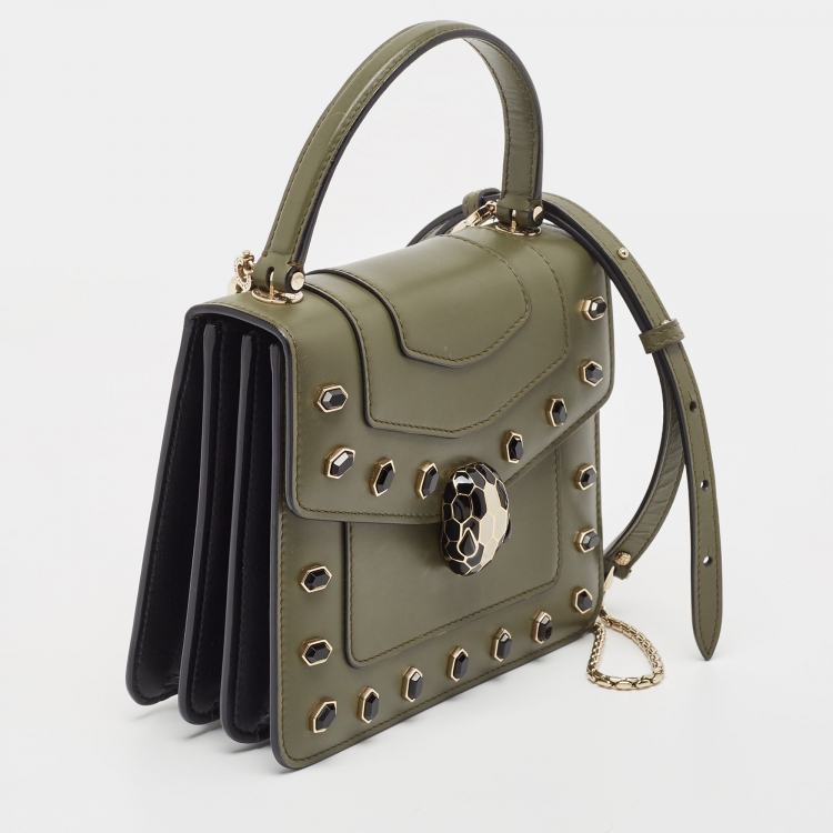 Pre Owned Bvlgari Fatigue Green Leather Small Crystal Embellished Serpenti Forever Top Handle Bag
