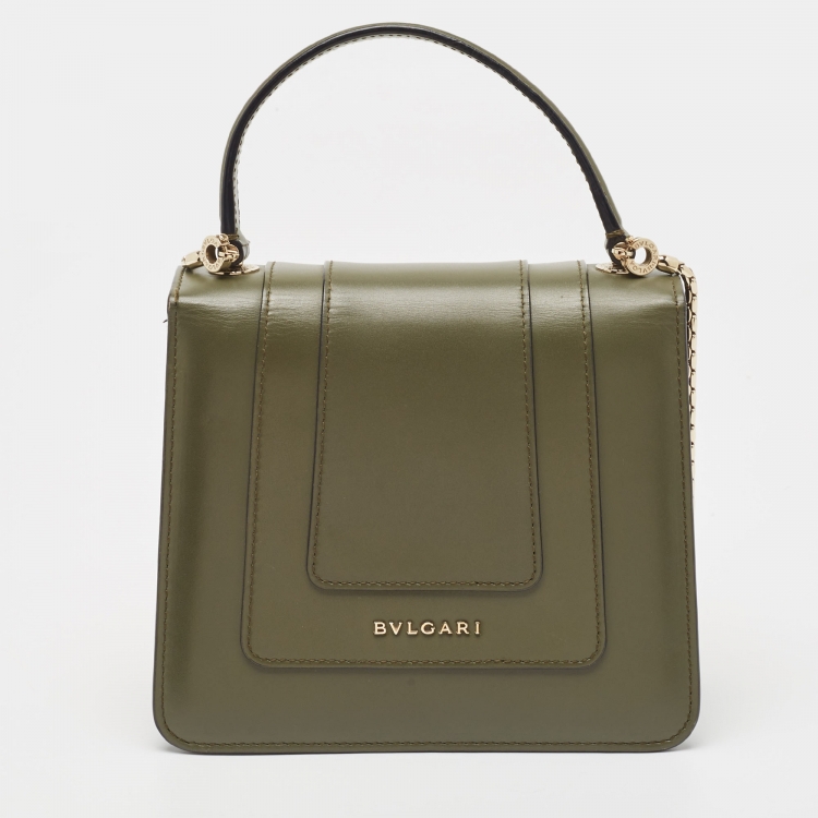 Pre Owned Bvlgari Fatigue Green Leather Small Crystal Embellished Serpenti Forever Top Handle Bag