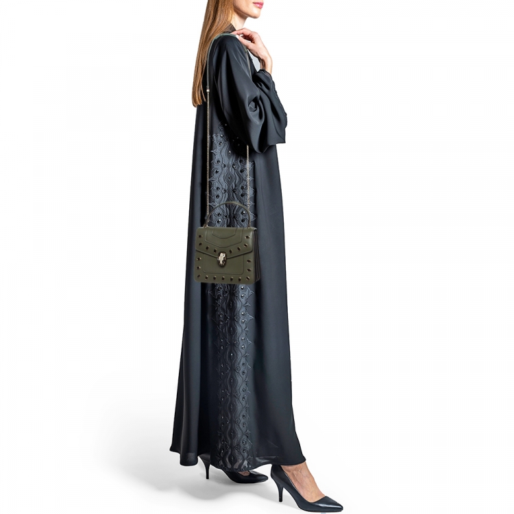 Pre Owned Bvlgari Fatigue Green Leather Small Crystal Embellished Serpenti Forever Top Handle Bag