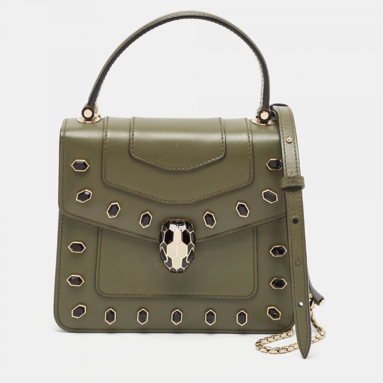 Pre Owned Bvlgari Fatigue Green Leather Small Crystal Embellished Serpenti Forever Top Handle Bag