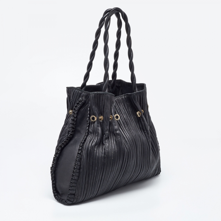 Pre Owned Bvlgari Black Pleated Leather Twistino Tina Shopper Tote