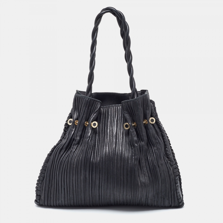 Pre Owned Bvlgari Black Pleated Leather Twistino Tina Shopper Tote