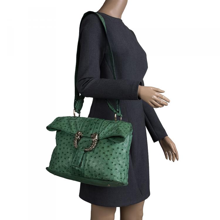 Pre Owned Bvlgari Green Ostrich Skin Leoni Shoulder Bag