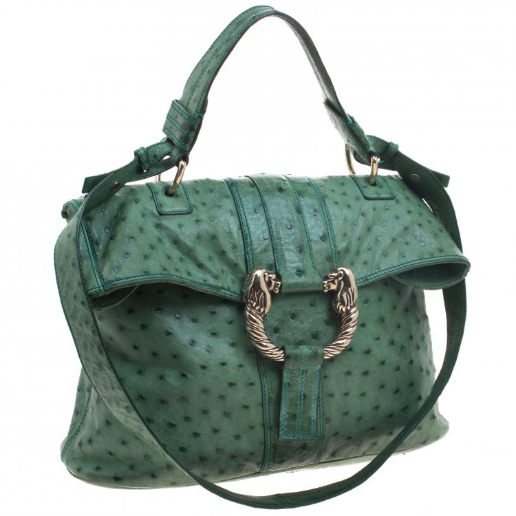 Pre Owned Bvlgari Green Ostrich Skin Leoni Shoulder Bag