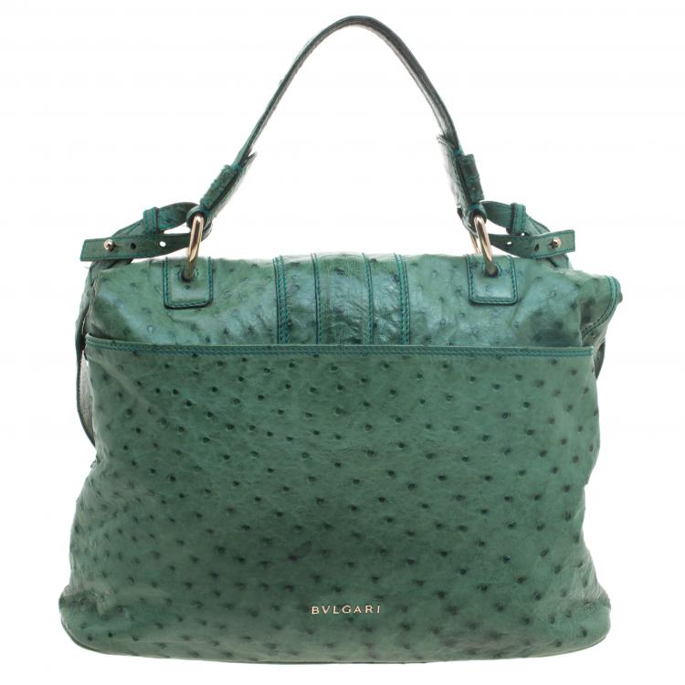 Pre Owned Bvlgari Green Ostrich Skin Leoni Shoulder Bag