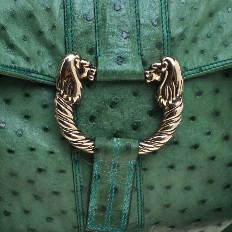 Pre Owned Bvlgari Green Ostrich Skin Leoni Shoulder Bag