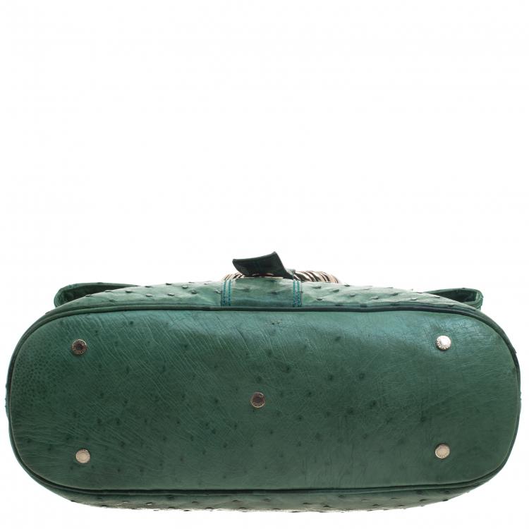 Pre Owned Bvlgari Green Ostrich Skin Leoni Shoulder Bag