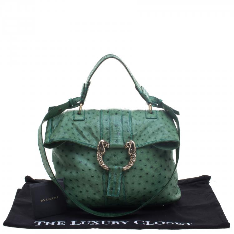 Pre Owned Bvlgari Green Ostrich Skin Leoni Shoulder Bag