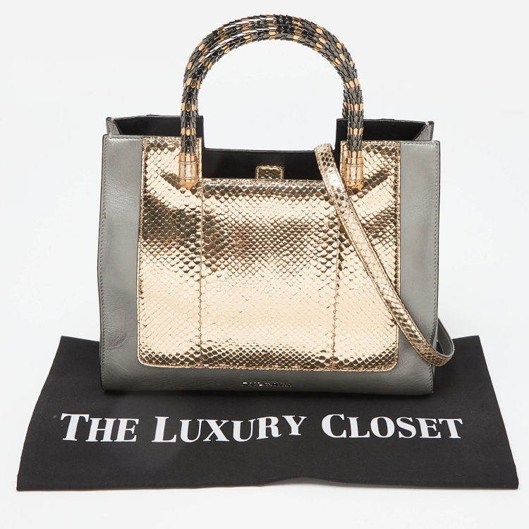 Pre Owned Bvlgari Gold/Grey Python and Leather Serpenti Scaglie Tote