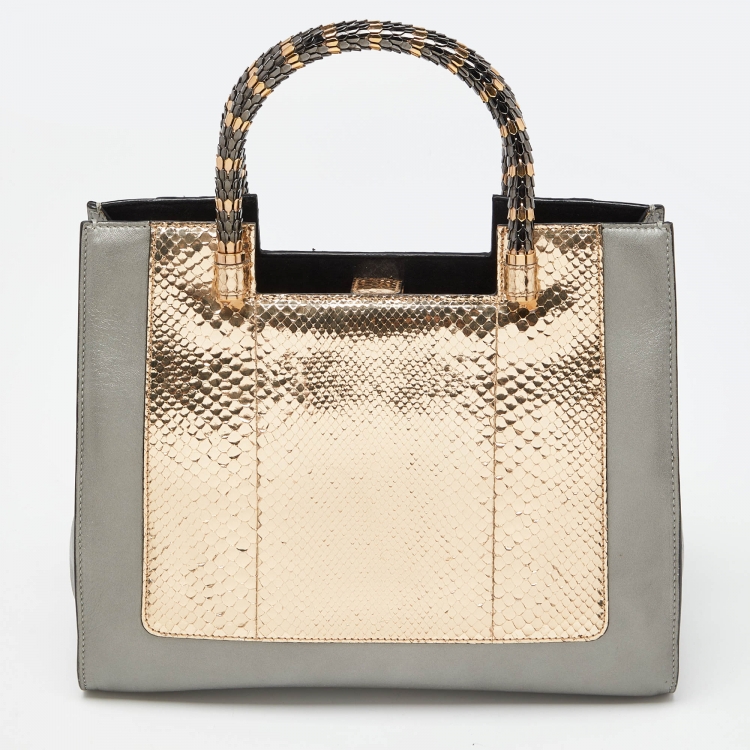 Pre Owned Bvlgari Gold/Grey Python and Leather Serpenti Scaglie Tote