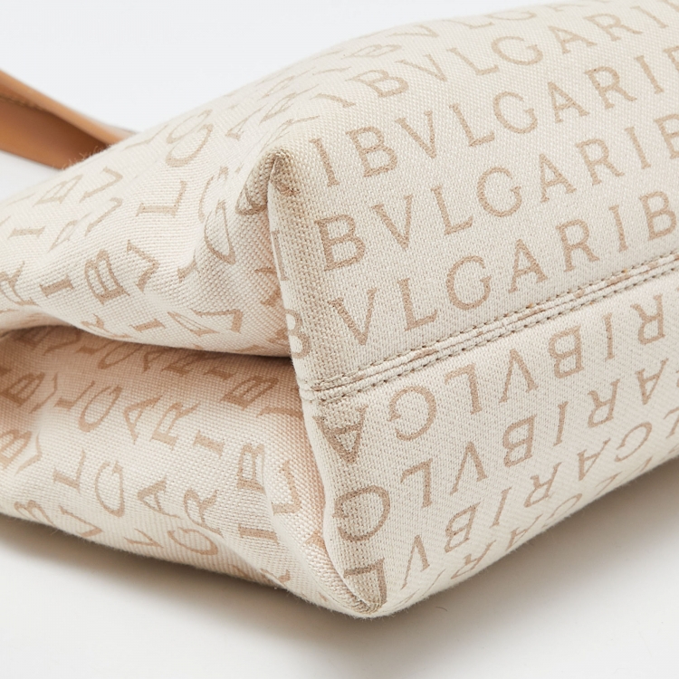 Pre Owned Bvlgari Beige Signature Canvas and Leather Tote 