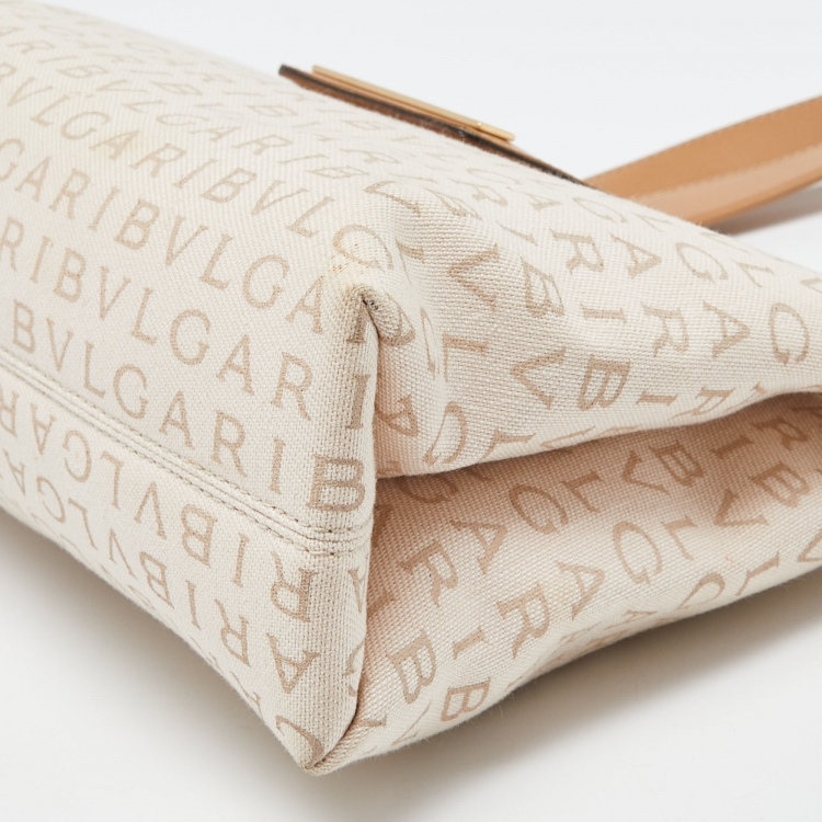 Pre Owned Bvlgari Beige Signature Canvas and Leather Tote 